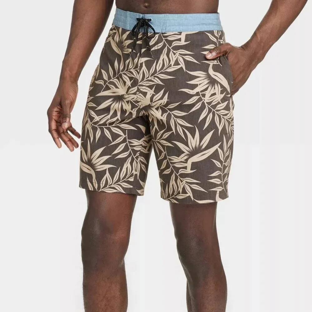 Target Goodfellow & Co Brown and Tan Board Shorts Tropical Leaf Print
